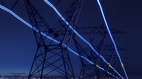 Grid connection process showing electricity meter, power lines, and solar panels connected to the main utility network.