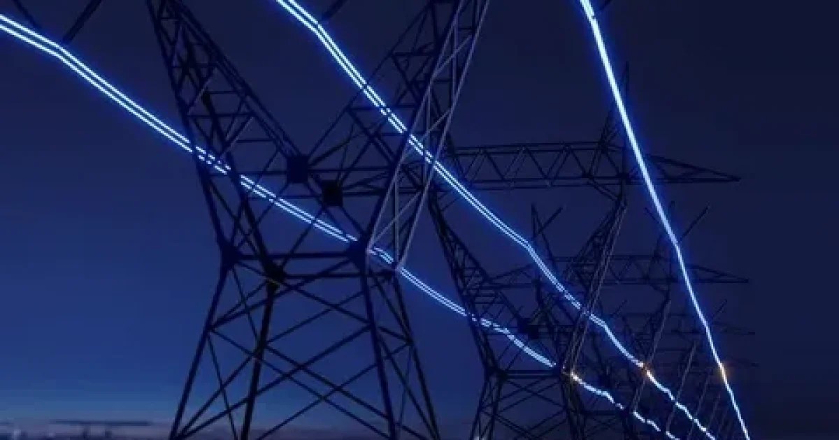 Grid connection process showing electricity meter, power lines, and solar panels connected to the main utility network.